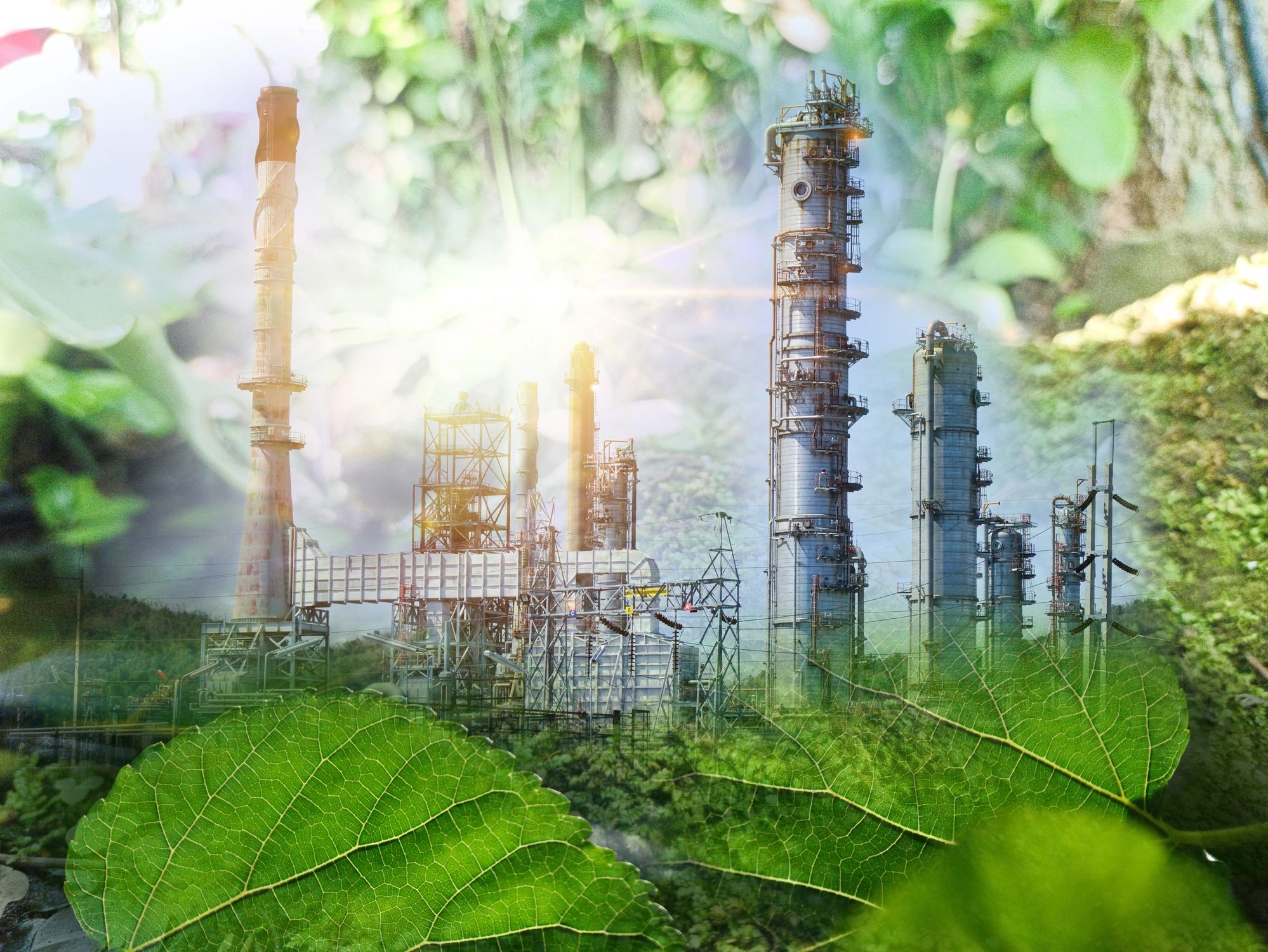 green industry eco power for sustainable energy saving environmental friendly low carbon footprint, green factory industry for good environment ozone air low carbon footprint production concept